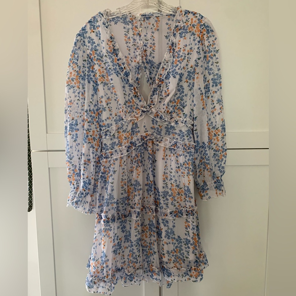 White Dress with Blue and Orange Floral Design